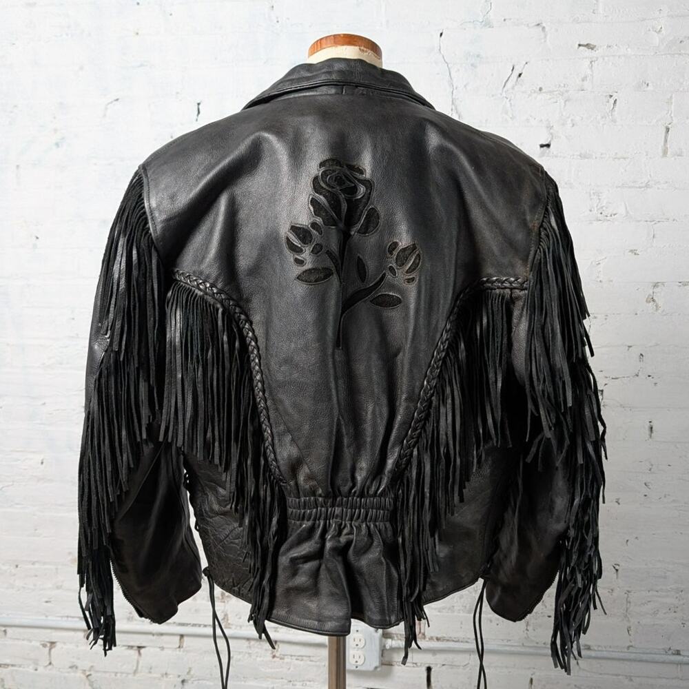 Vintage Black Leather Biker Fringe Jacket Moto Western Velvet Goth Coat Large - Picture 2 of 10